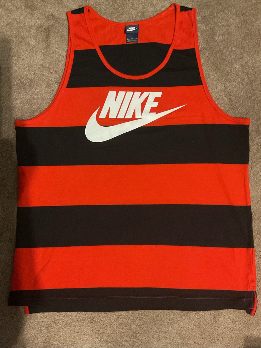 Nike Red and Black Striped Men’s Tank with White Swoosh
